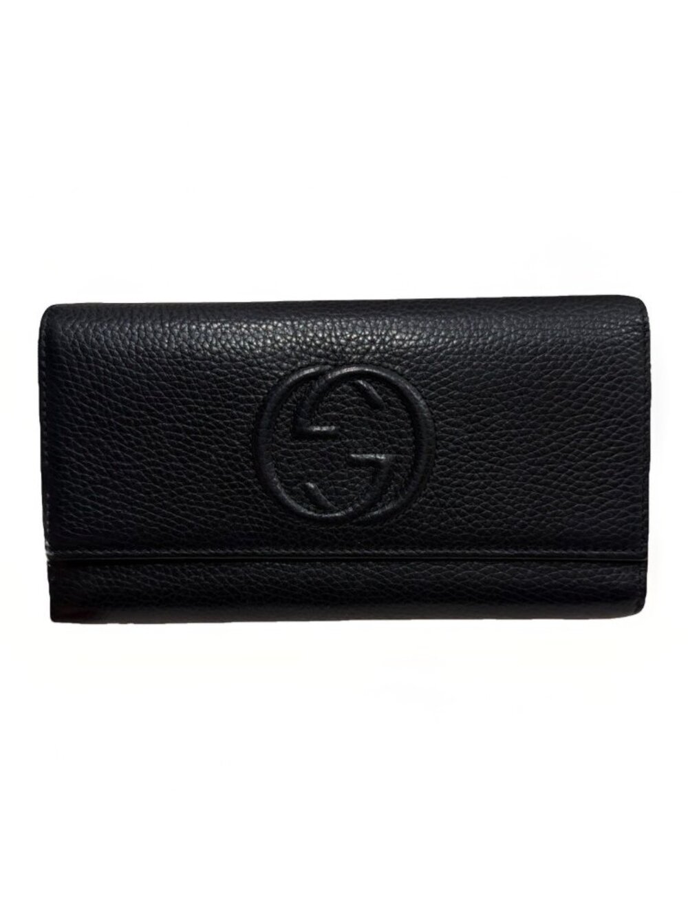 GUCCI Black Soho Continental Wallet Long Flap Pebbled Leather Interlocking G GG